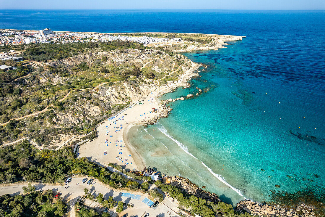 Konnos Beach in Protaras seen from the air, Cyprus, Europe