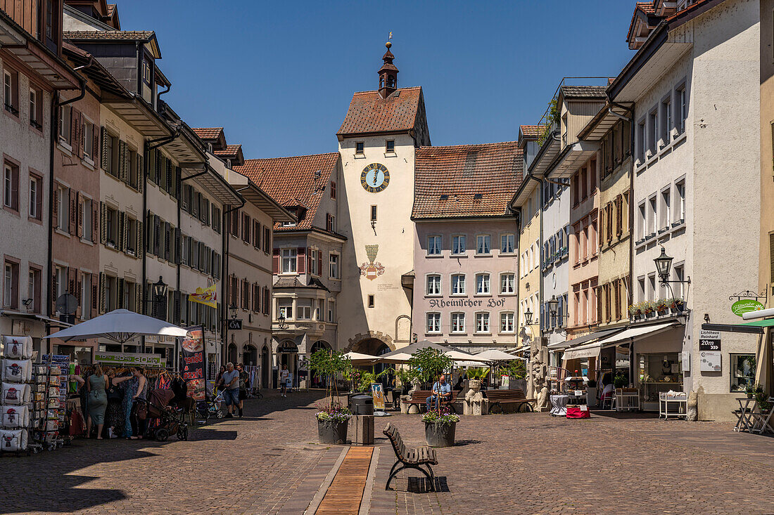 Pedestrian zone Kaiserstrasse and the Untere Tor or Basler Tor in Waldshut-Tiengen, Baden-Württemberg, Germany