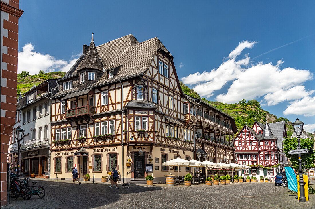 Half-timbered in the old town of Bacharach, World Heritage Upper Middle Rhine Valley, Rhineland-Palatinate, Germany