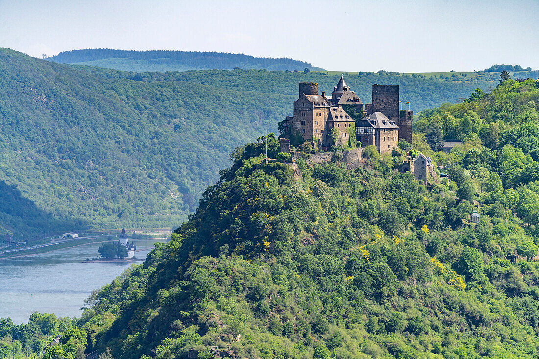 Burg Schönburg und der Rhein, Welterbe Oberes Mittelrheintal, Oberwesel, Rheinland-Pfalz, Deutschland 
