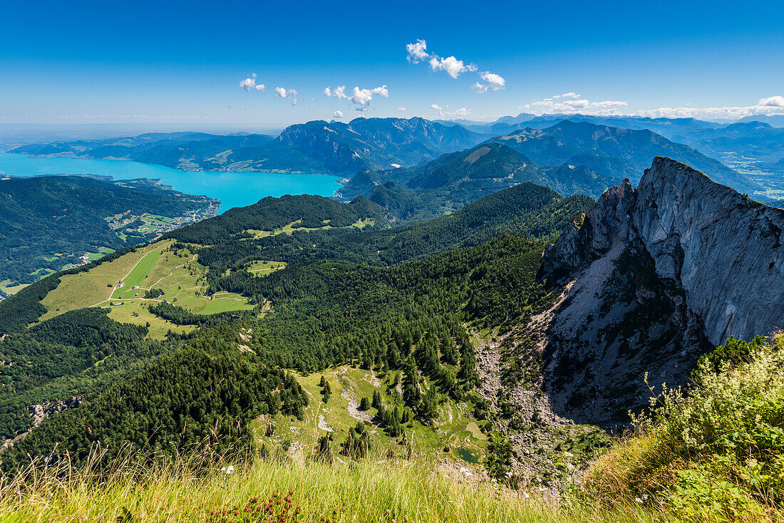 Blick vom Schafberg auf die Spinnerin, den Attersee und das Höllengebirge, Salzkammergut, Österreich