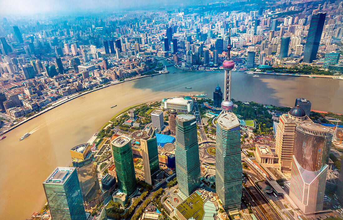 Looking Down Oriental Pearl TV Tower Pudong Bund Huangpu River Skyscrapers Cityscape, Shanghai, China