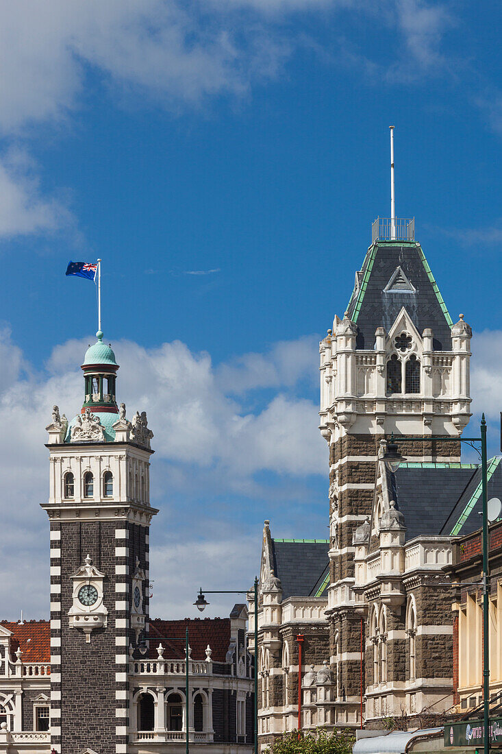 New Zealand, South Island, Otago, Dunedin, Railway Station and Dunedin High Courts building, Stuart Street