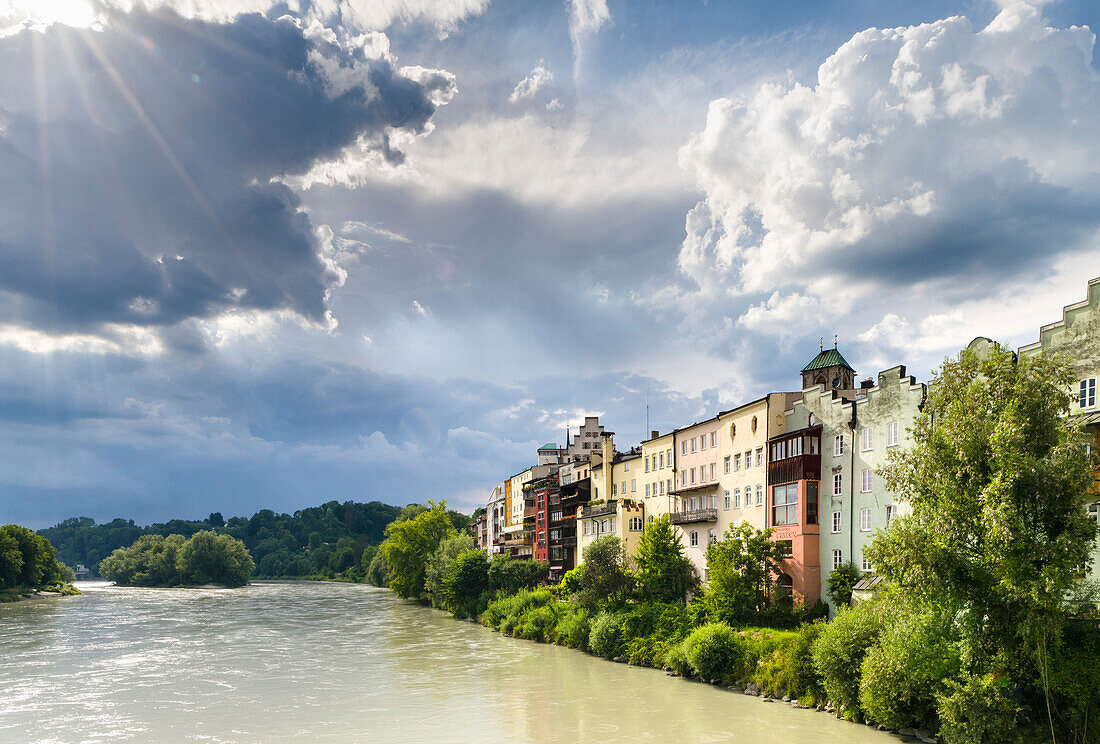 The famous waterfront and river Inn. The medieval old town of Wasserburg am Inn in the Chiemgau region of Upper Bavaria, Europe, Germany, Bavaria