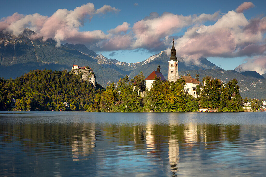 St. Mary's Church of the Assumption on Bled Island in Lake Bled with Bled Castle, Upper Carniola, Slovenia