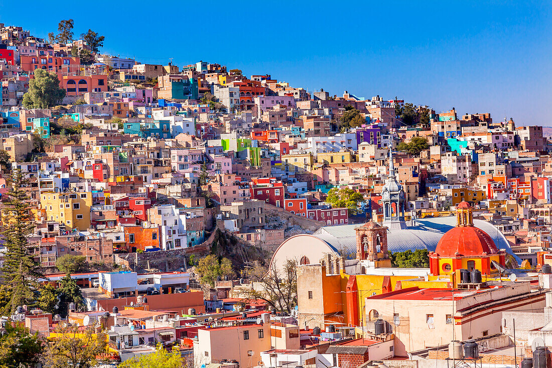 Farbige Häuser, Kirche San Roque, Markt, Hidalgo, Guanajuato, Mexiko