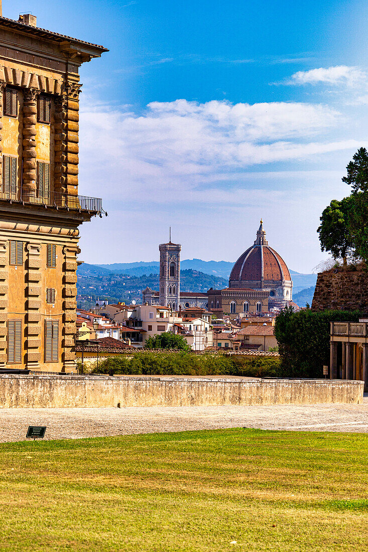 Blick auf das historische Zentrum von Florenz vom Palazzo Pitti, Florenz, Toskana, Italien.