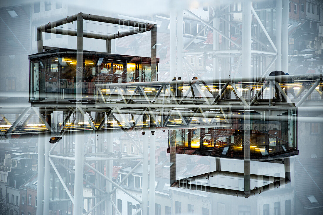 Double exposure of the lift or ascenseur of the Marolles quarter in Brussels, elgium