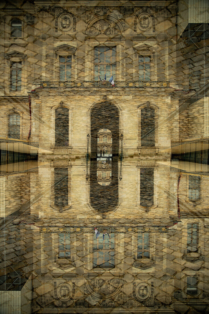 Doppelbelichtung der Umgebung des berühmten Louvre-Museums in Paris, Frankreich