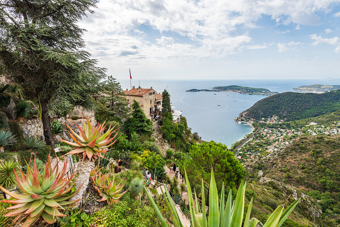 View from the Jardin Exotique d'Èze on the hilltop village of Èze and the French Riviera, Provence, France