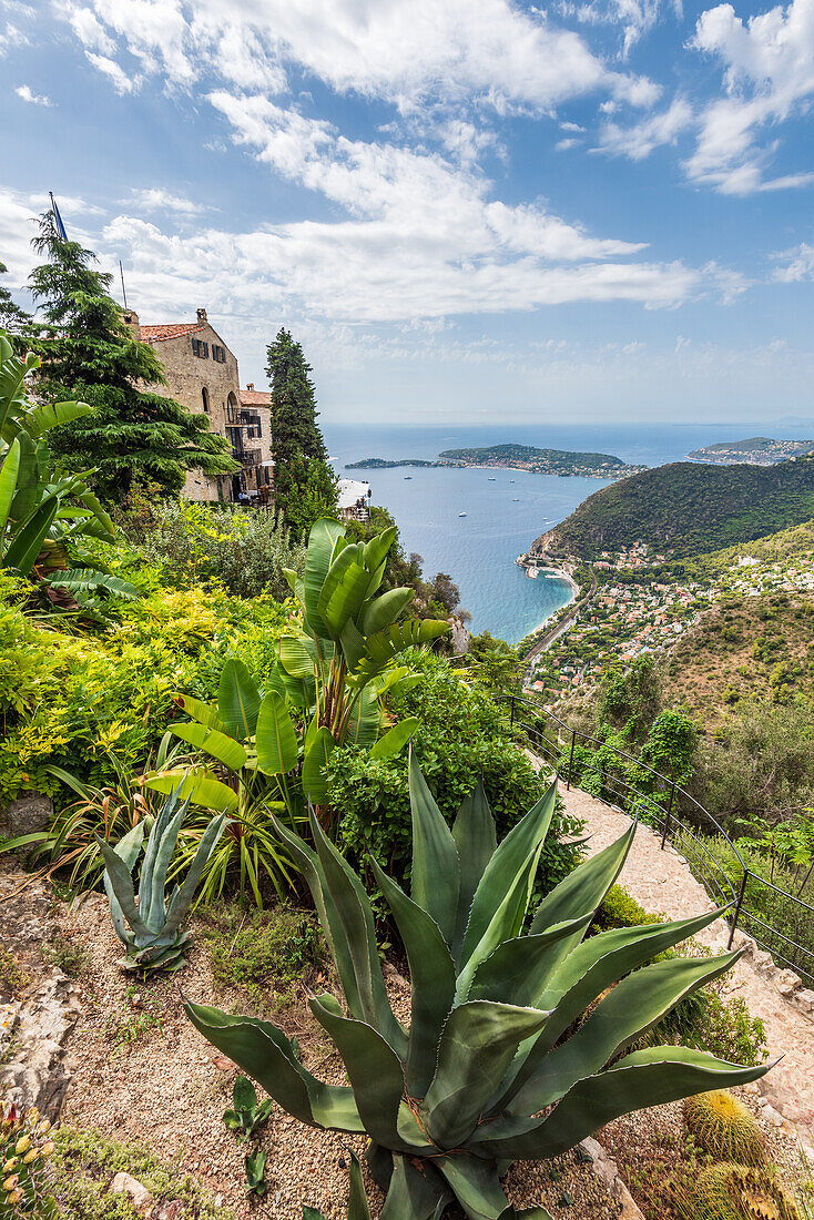 View from the Jardin Exotique d'Èze on the hilltop village of Èze and the French Riviera, Provence, France