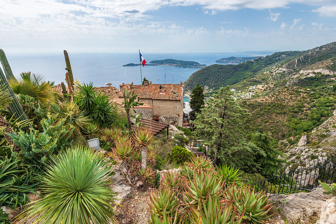 View from the Jardin Exotique d'Èze on the hilltop village of Èze and the French Riviera, Provence, France