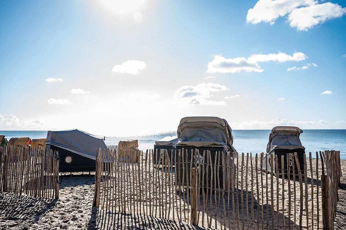 Sleeping beach chairs in Kellenhusen on the Baltic Sea, Ostholstein, Schleswig-Holstein, Germany