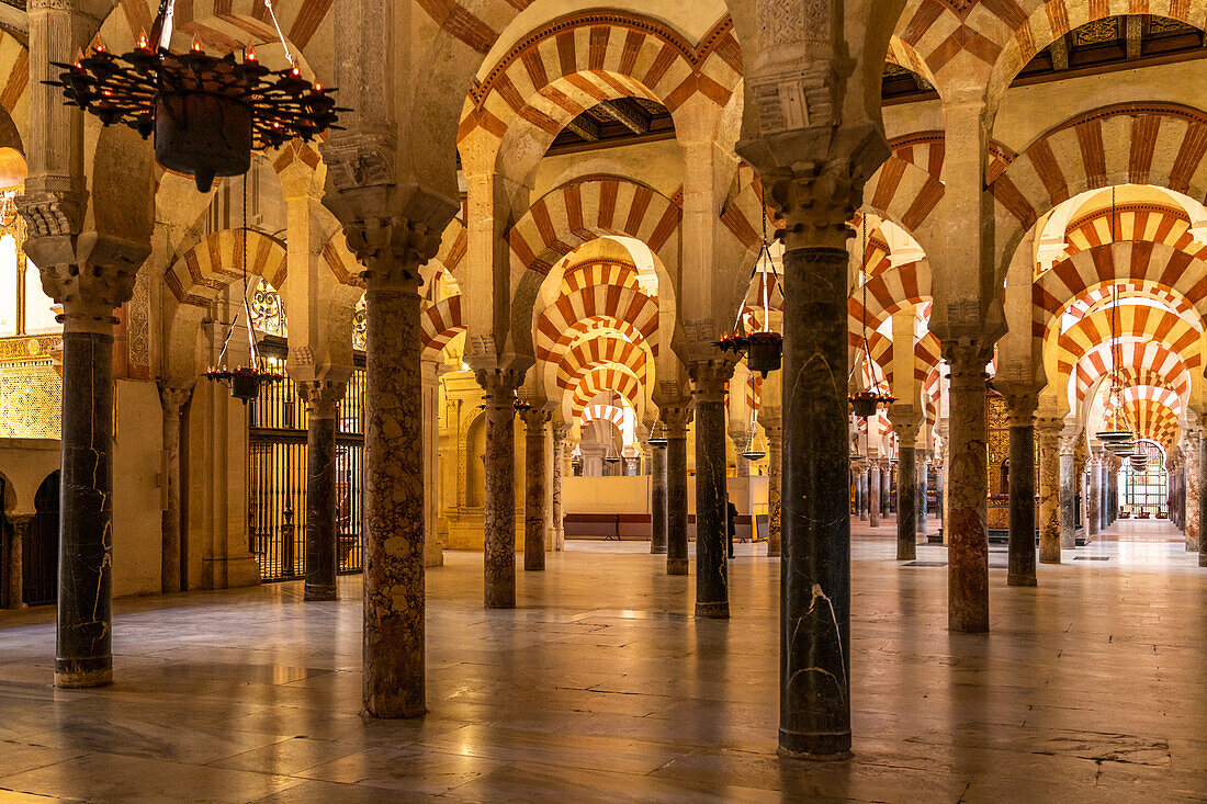 Maurische Säulen und Bögen im Innenraum der Mezquita - Catedral de Córdoba in Cordoba, Andalusien, Spanien 