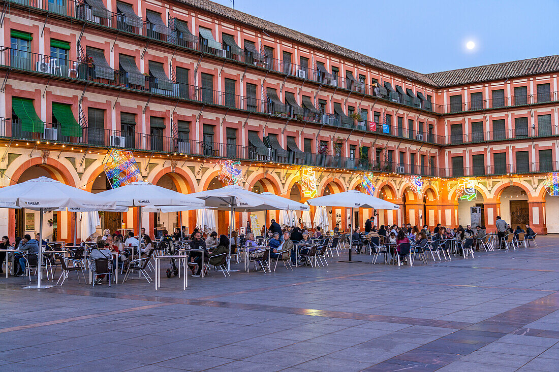 Restaurants auf dem Platz Plaza de la Corredera in der Abenddämmerung, Cordoba, Andalusien, Spanien 