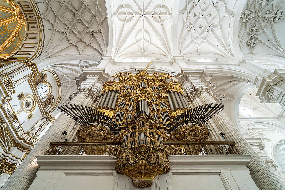 Organ in the interior of the Cathedral of Santa María de la Encarnación in Granada, Andalusia, Spain