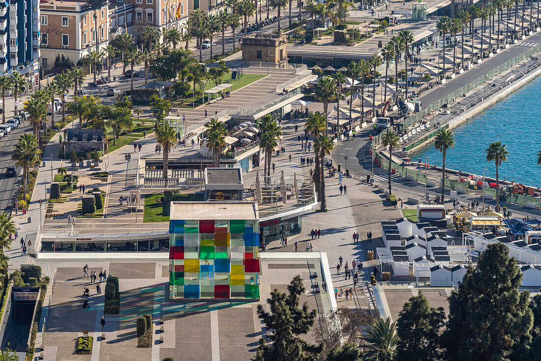 Port promenade Muelle Uno with the Pompidou Museum seen from above, Malaga, Andalusia, Spain
