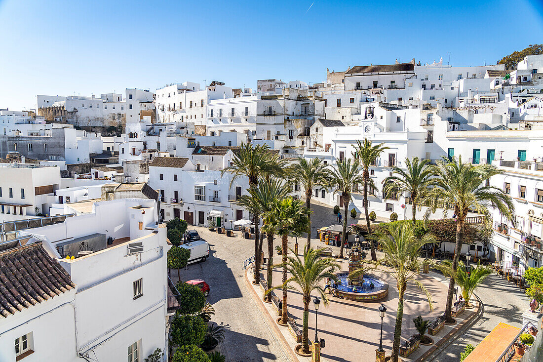 Plaza España and Vejer de la Frontera seen from above, Andalucia, Spain