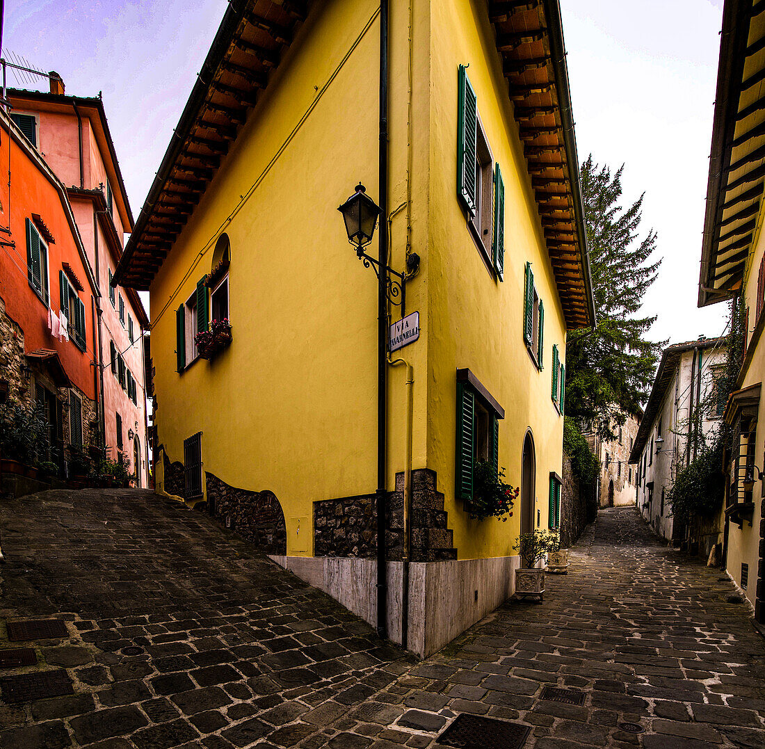 Historical buildings in the alleys of the mountain village of Montecatini Alto, Tuscany, Italy