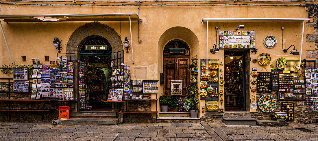 Souvenir shop in Piazza G. Giusti in the hilltop village of Montecatini Alto, Tuscany, Italy