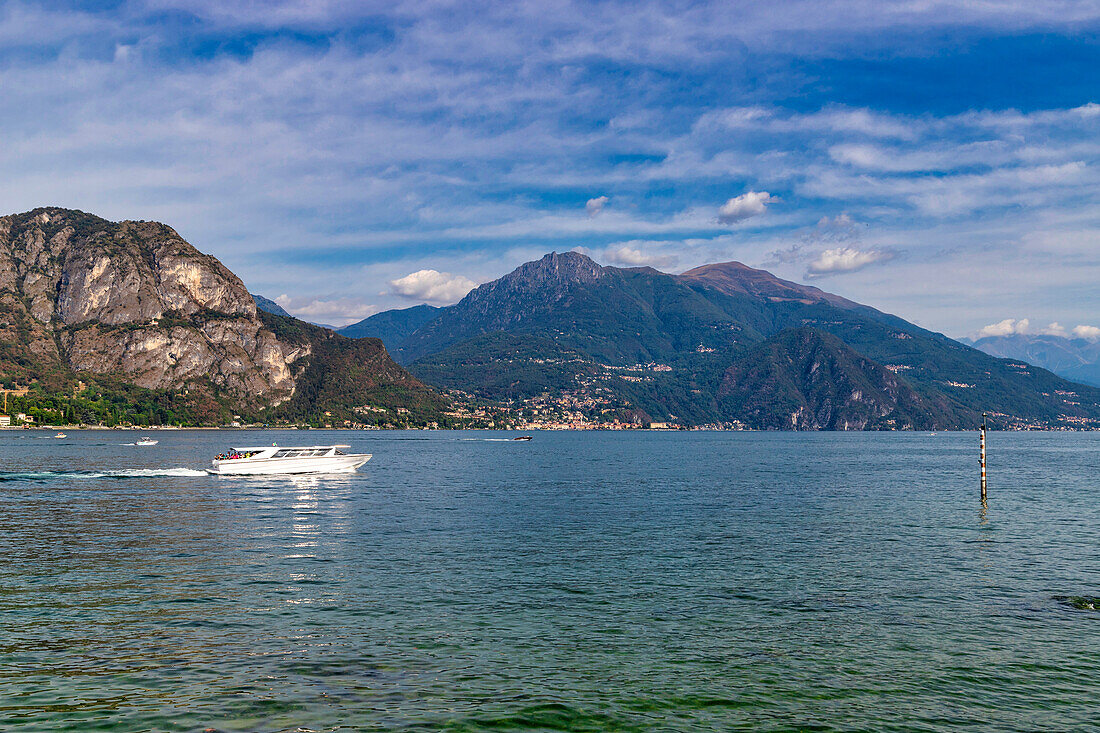 Wide view of Lake Como from Varenna, Lecco, Como lake, Lombardy, Italy.