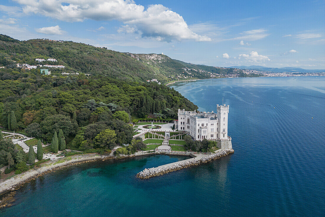 View from above of the Miramare Castle and the Gulf of Trieste, Friuli Venezia Giulia, Italy.