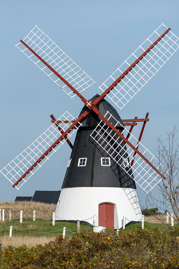 Historic windmill on the island of Mandø, Denmark's only tidal island, situated in the Wadden Sea, Vadehavet National Park, Mandø, Syddanmark, Denmark