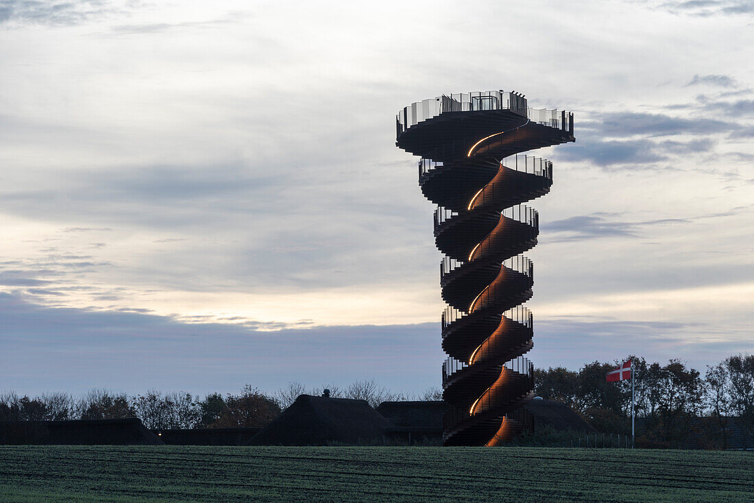 Marsk Tower, observation tower made of corten steel designed by the Bjarke Ingels Group is located in the Wadden Sea National Park, Skærbæk, Syddanmark, Denmark