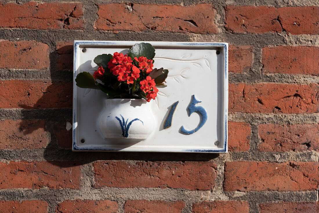 Hausnummer mit Blumen in Ribe, älteste Stadt Dänemarks, Ribe, Süd Jütland, Dänemark