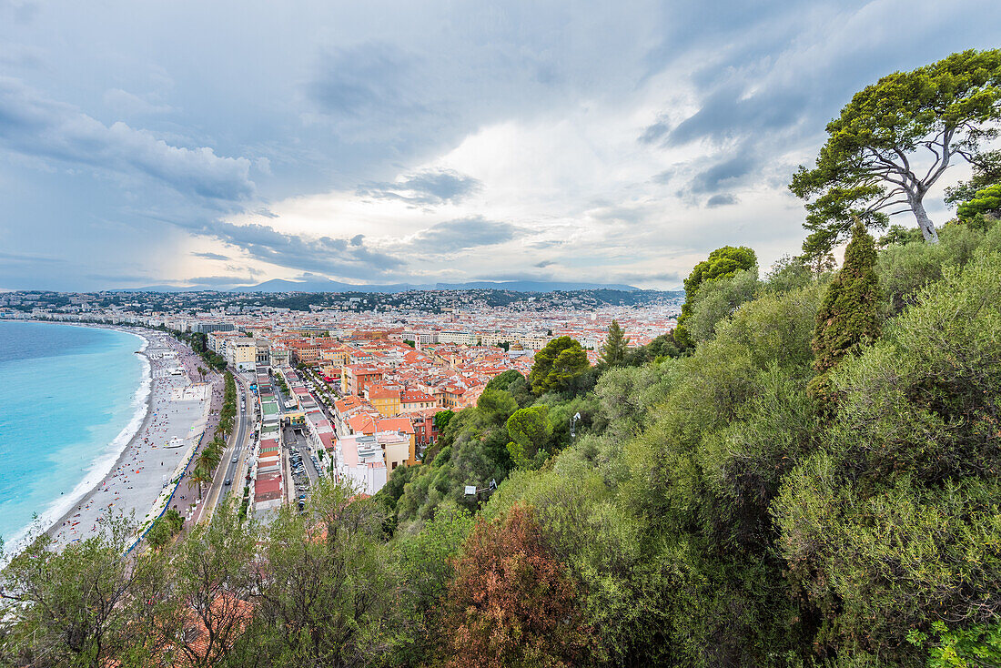 View from Castle Hill to the old town and beach of Nice, Provence, France