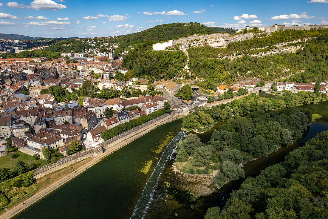 Old town, Doubs river and the citadel seen from the air, Besancon, Bourgogne-Franche-Comté, France, Europe