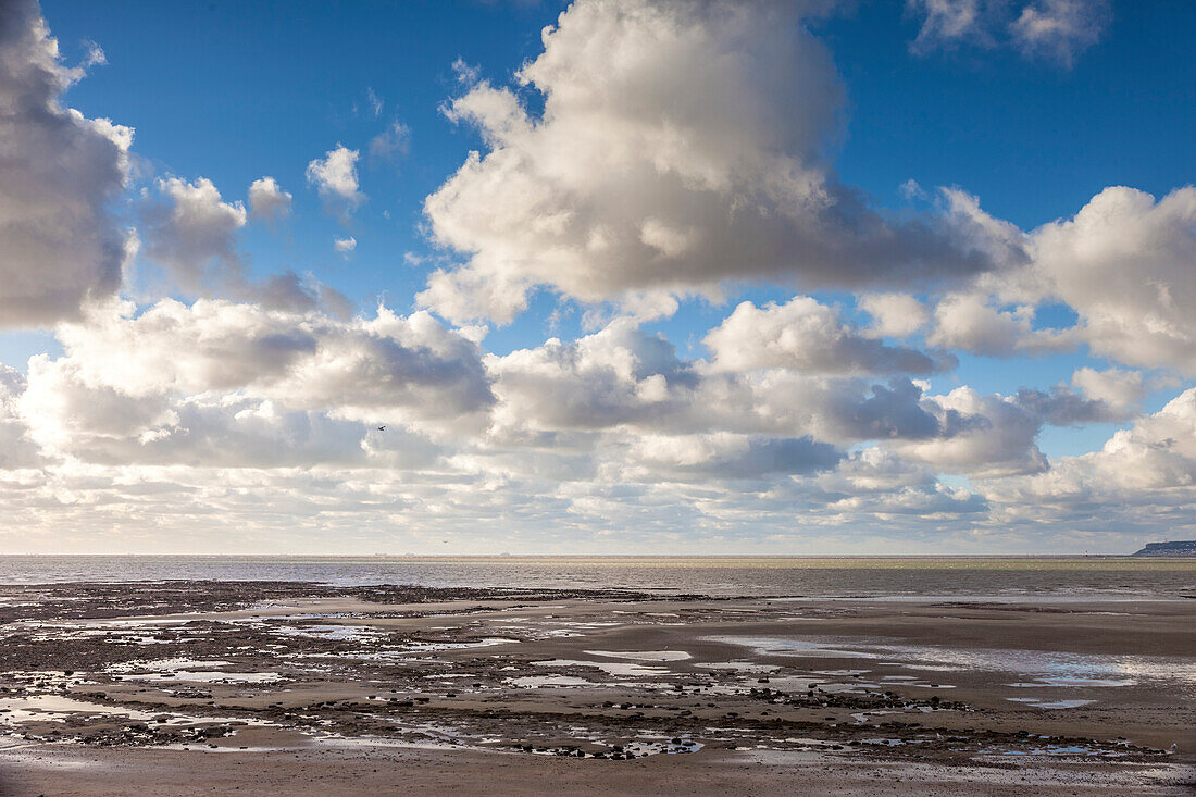 Mud flats at Plage de Honfleur in the evening light, Calvados, Normandy, France