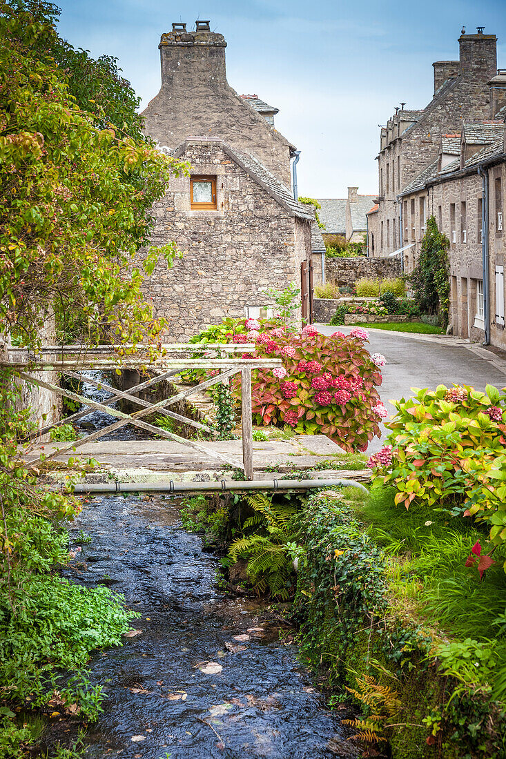 Dorfbach und Gasse im Dorf Omonville-La Petite, Manche, Cotentin-Halbinsel, Normandie, Frankreich