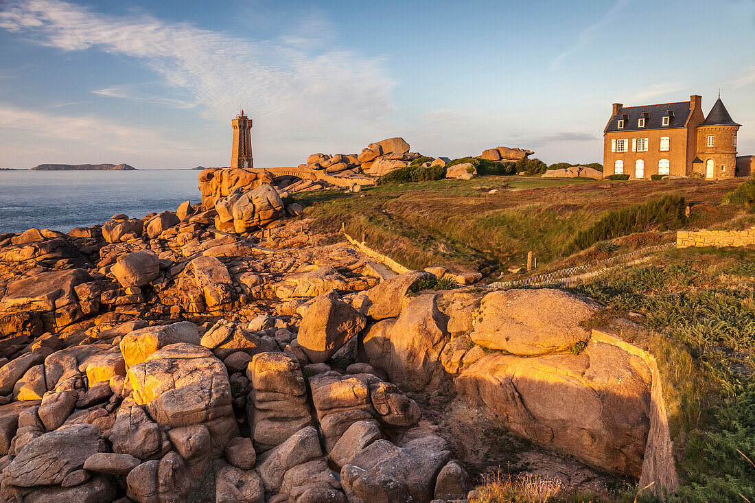 Coast with the Phare de Ploumanac`h, Cote de Granit Rose, Cotes-d'Armor, Brittany, France