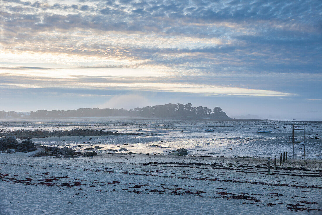 Nebellandschaft an der Mole von Roscoff, Finistère, Bretagne, Frankreich