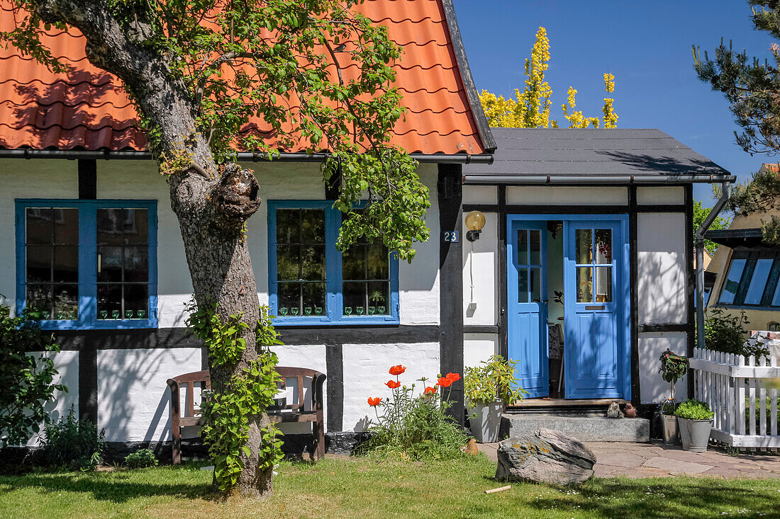 Idyllic half-timbered house in Svaneke on Bornholm, Denmark
