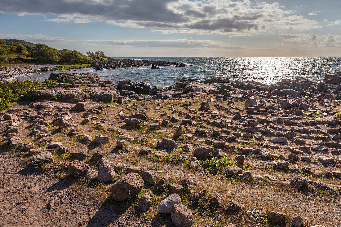 Stone circle on the coast at Hammeren on the northern tip of Bornholm, Denmark