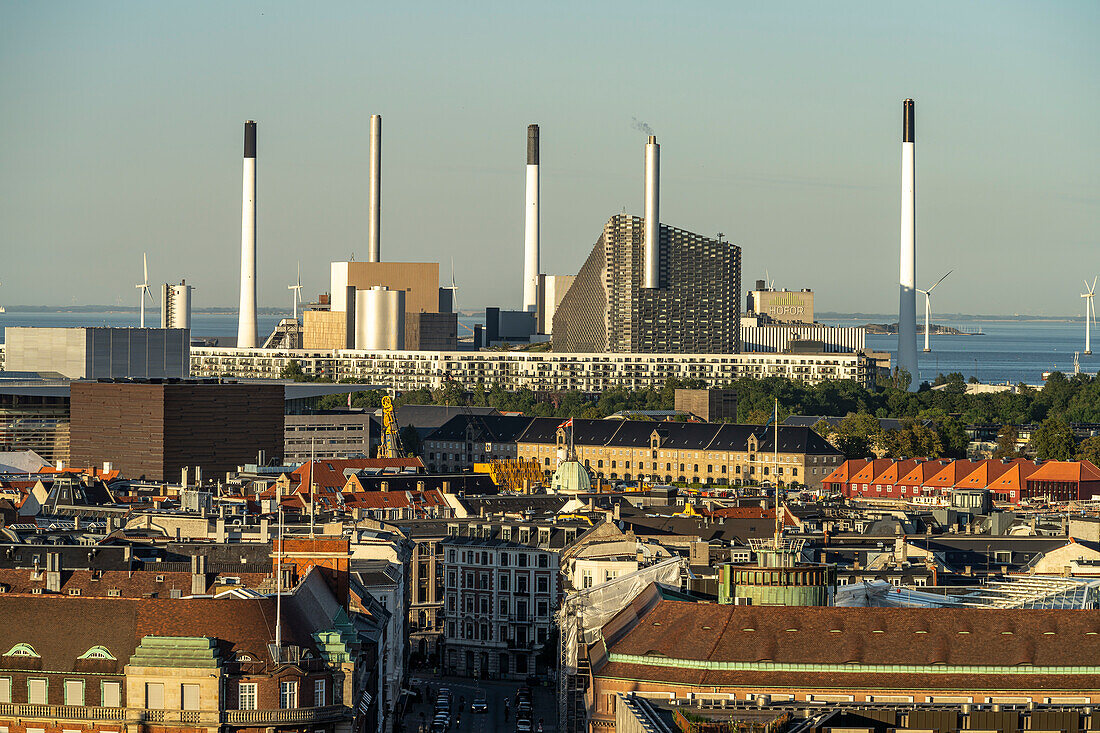 View from the tower of Christiansborg Castle Church on Copenhagen and the Amager power plant, Copenhagen, Denmark, Europe