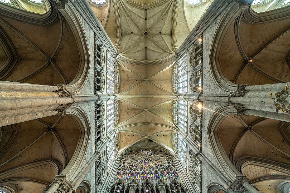 Kirchendecke und Säulen der Kathedrale Notre Dame d’Amiens, Amiens, Frankreich 