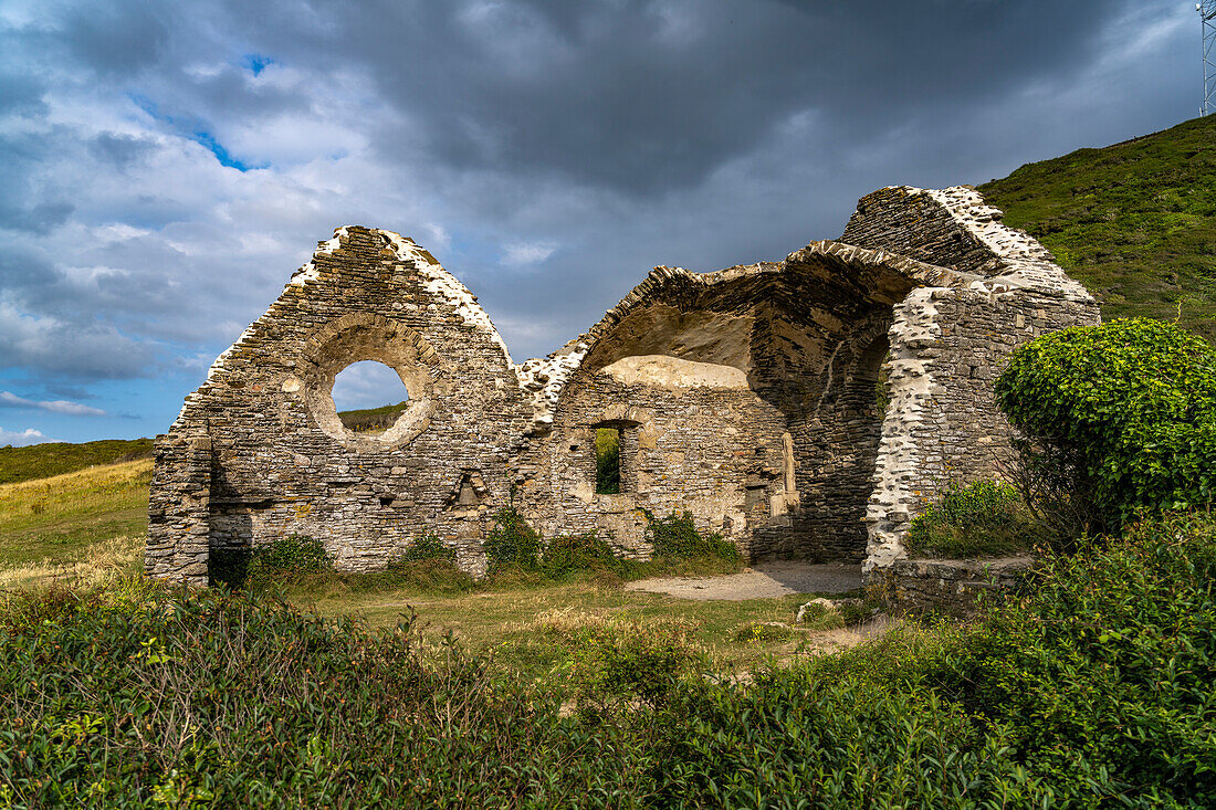 Ruins of the old Saint-Germain church at Cap de Carteret and the beach at Hatainville, Barneville-Carteret, Normandy, France