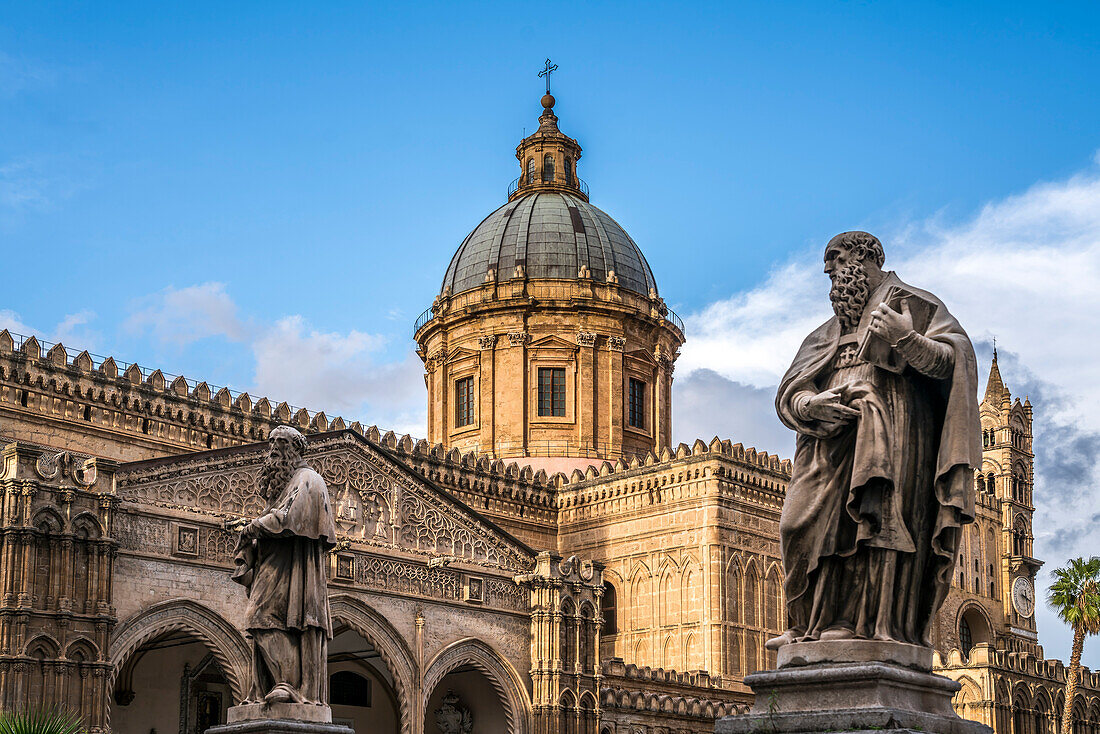 Statue of the Patron Saint Ambrose in front of the Cathedral of Maria Santissima Assunta, Palermo, Sicily, Italy, Europe