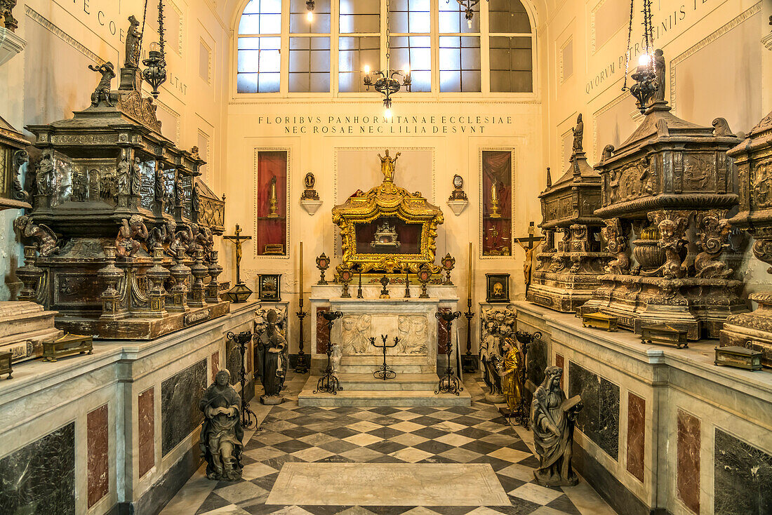 Chapel with sarcophagi in the Cathedral of Maria Santissima Assunta, Palermo, Sicily, Italy, Europe