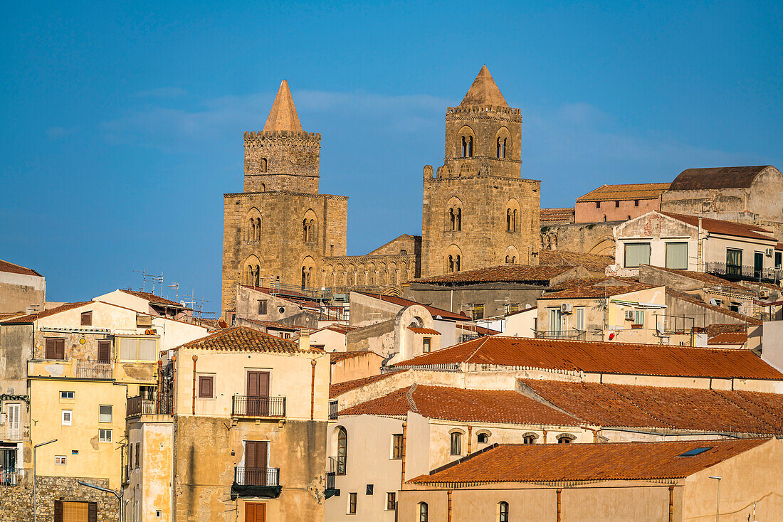 The Cathedral of Santissimo Salvatore above the old town of Cefalu, Sicily, Italy, Europe