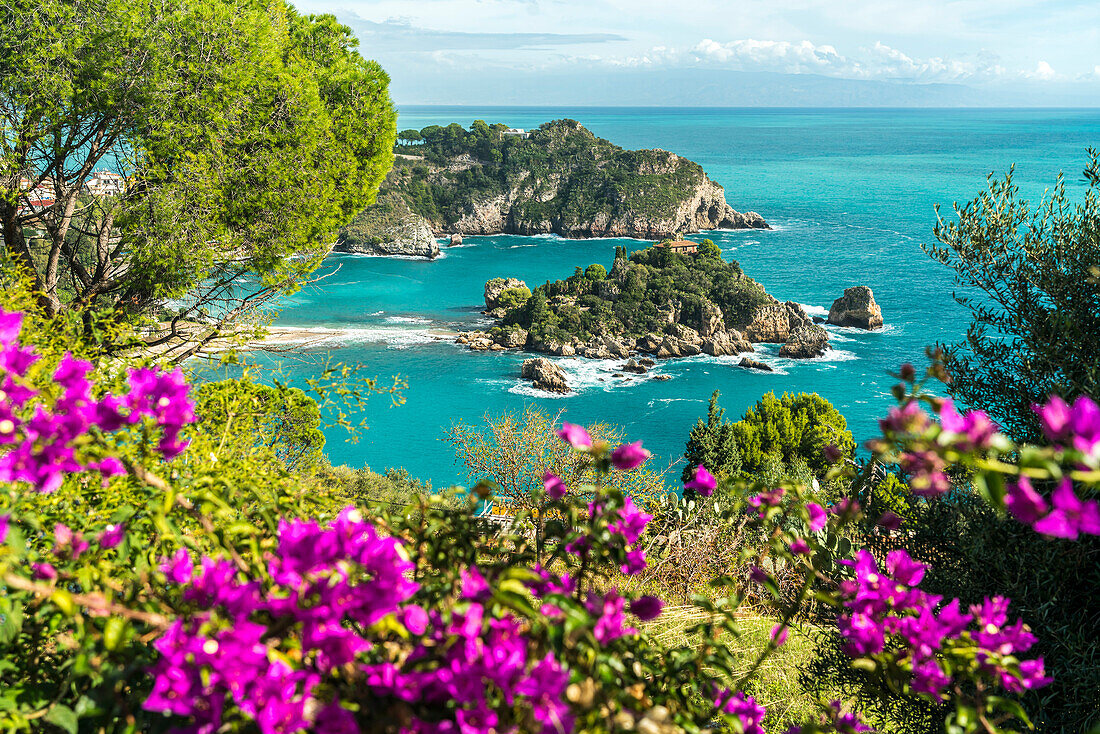 Die kleine Insel Isola Bella, Taormina, Sizilien, Italien, Europa