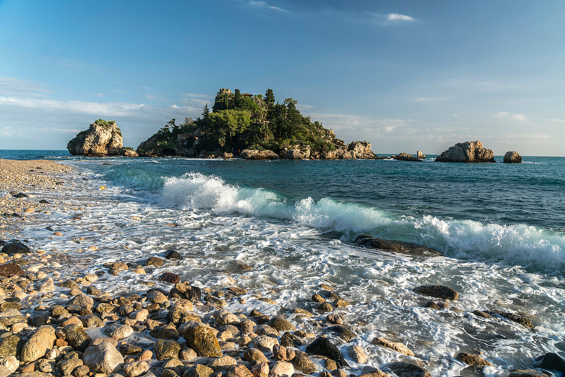 Mazzaro Beach and the small island of Isola Bella, Taormina, Sicily, Italy, Europe