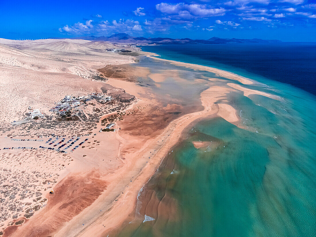 Luftaufnahme von Playa de Sotavento de Jandia, Fuerteventura, Kanarische Inseln, Spanien, Atlantik, Europa