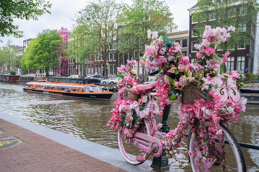 Blumengeschmücktes Fahrrad in der Singelgracht, Amsterdam, Benelux, Beneluxstaaten, Nordholland, Noord-Holland, Niederlande