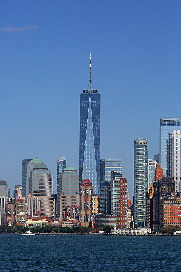 View from the Staten Island Ferry of the Financial District skyline at the southern tip of Manhattan, New York, New York, USA