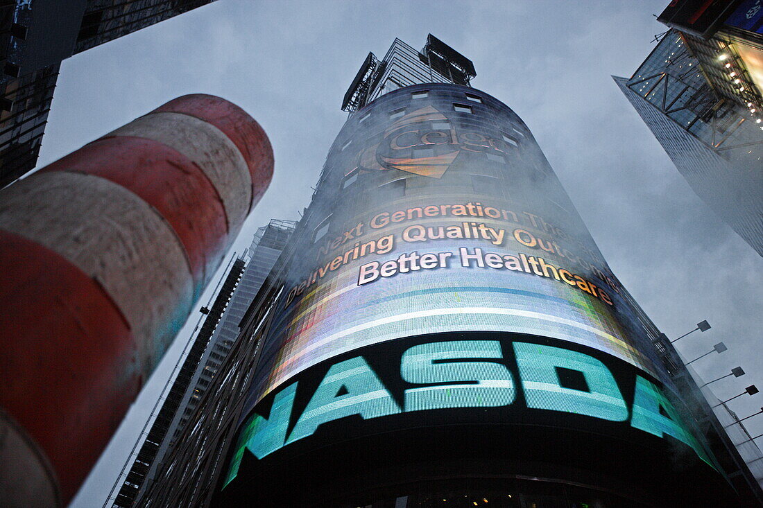 Steam discharge and NASDAQ sign, Times Square, Manhattan, New York, New York, USA