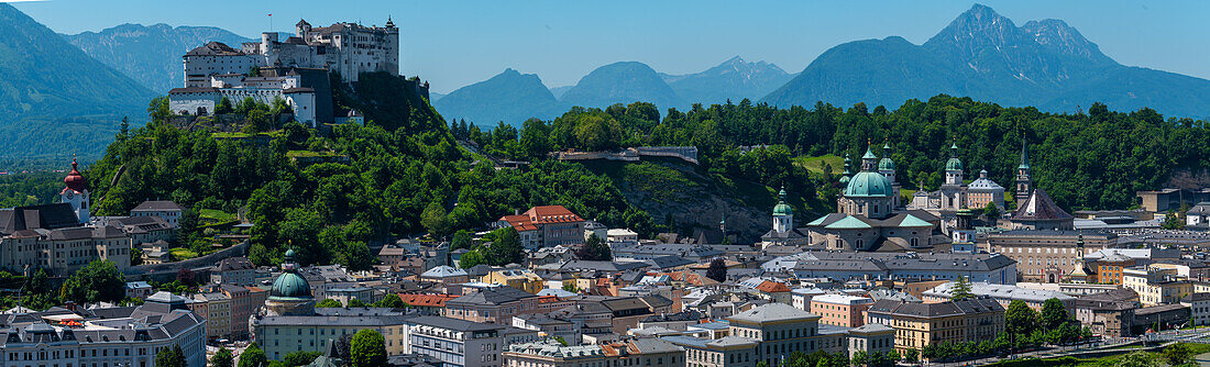 Salzburg old town panorama with Hohen Salzburg Fortress and Cathedral, right in the background Hoher Staufen, Salzburg, Austria